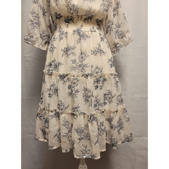 Cottagecore Floral Chiffon Dress Womens Large Off Shoulder Puff Sleeve Ruffles - Picture 3 of 11